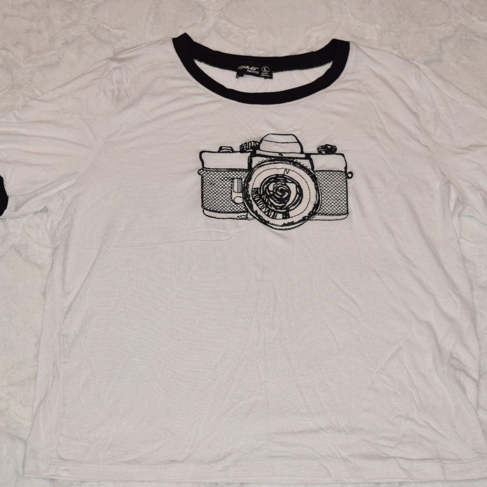 Camera Black & White Ringer Embroidered Tee - Picture 2 of 4